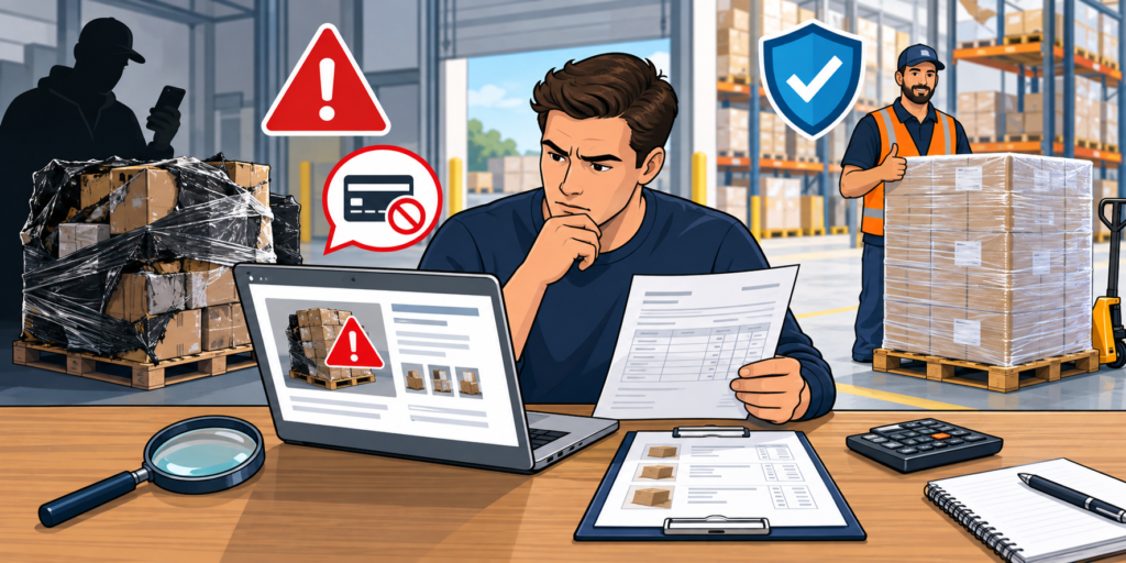 Reseller identifying warning signs of a liquidation pallet scam before sending payment