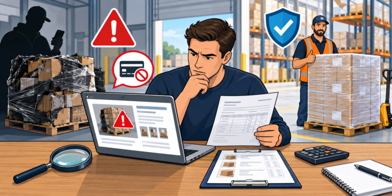 Reseller identifying warning signs of a liquidation pallet scam before sending payment