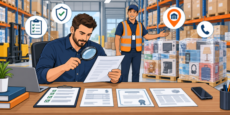 Reseller reviewing paperwork and inspecting merchandise while vetting a liquidation supplier