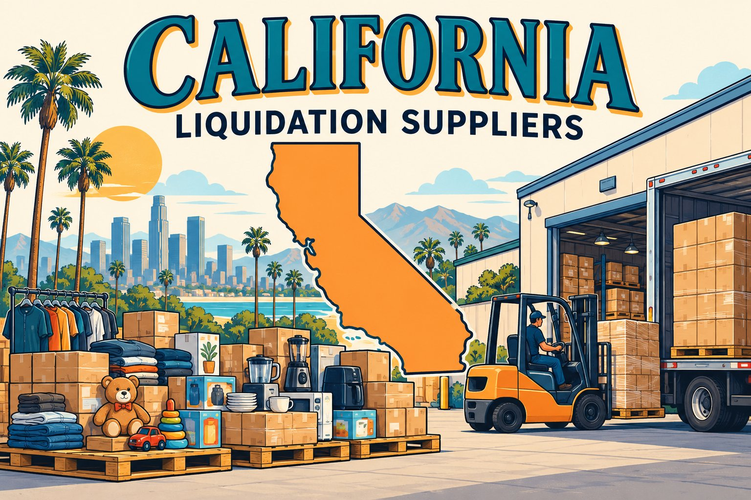 Colored line-art illustration of California with merchandise pallets, a forklift, and a warehouse.