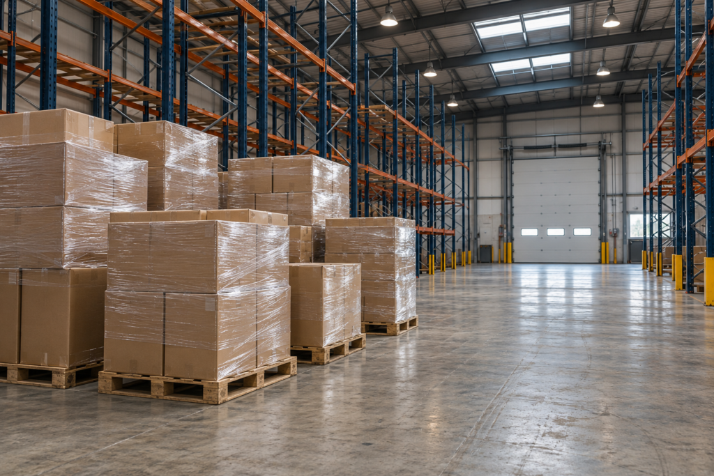 AI-generated illustration of wrapped merchandise pallets and mostly empty warehouse racks; not an actual Essex facility.