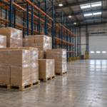 AI-generated illustration of wrapped merchandise pallets and mostly empty warehouse racks; not an actual Essex facility.