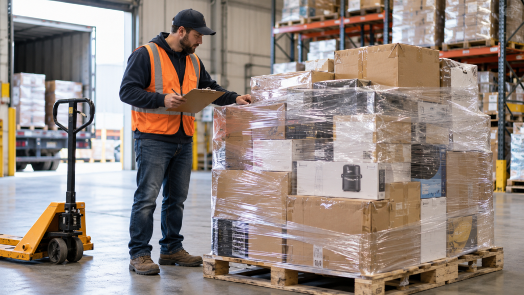 Warehouse worker inspecting a newly delivered liquidation pallet before unwrapping it