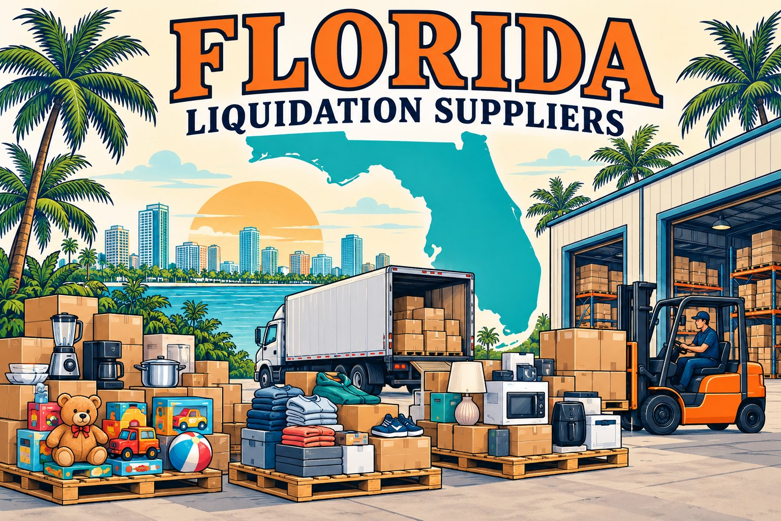 Colored line-art illustration of Florida with merchandise pallets, a forklift, and a warehouse.