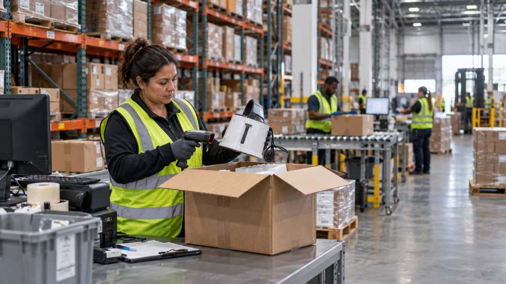 AI-generated illustration of a worker inspecting returned merchandise in a warehouse; not an actual GENCO facility.