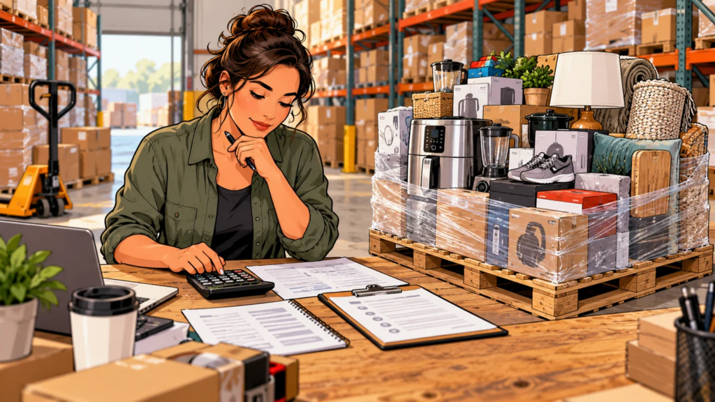Reseller calculating liquidation pallet profit beside mixed merchandise in a warehouse