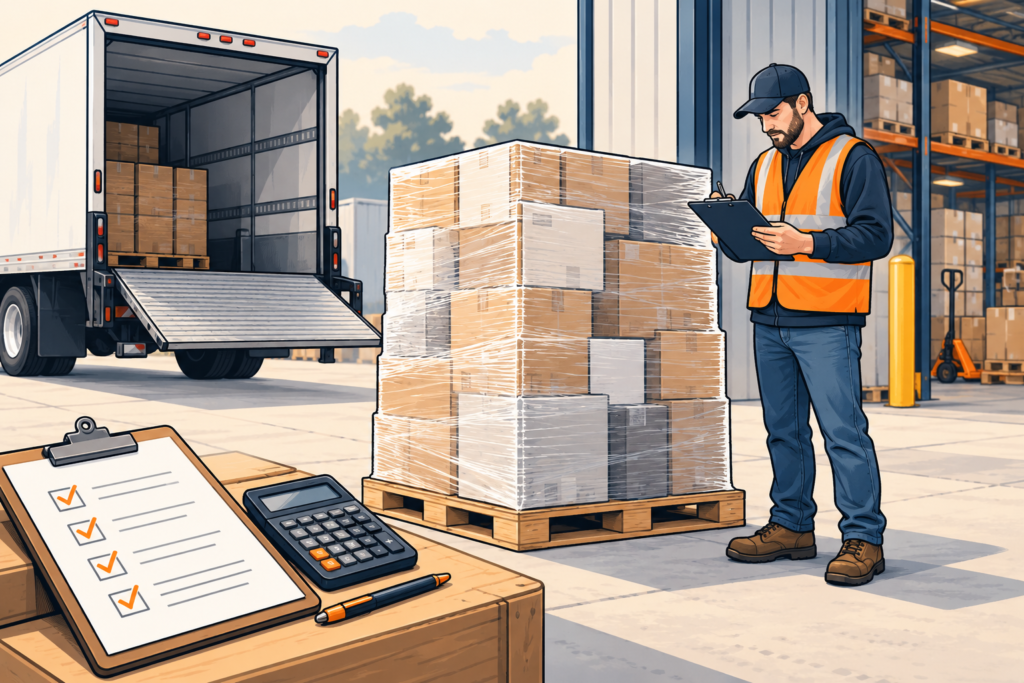 Worker checking a wrapped liquidation pallet beside a delivery truck, with a shipping checklist and calculator.
