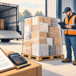 Worker checking a wrapped liquidation pallet beside a delivery truck, with a shipping checklist and calculator.