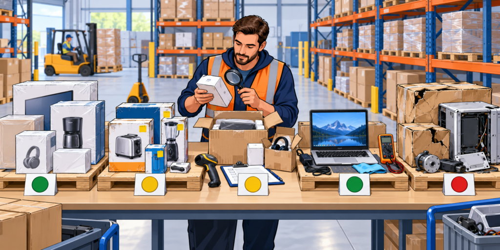 Reseller examining liquidation merchandise in different condition grades