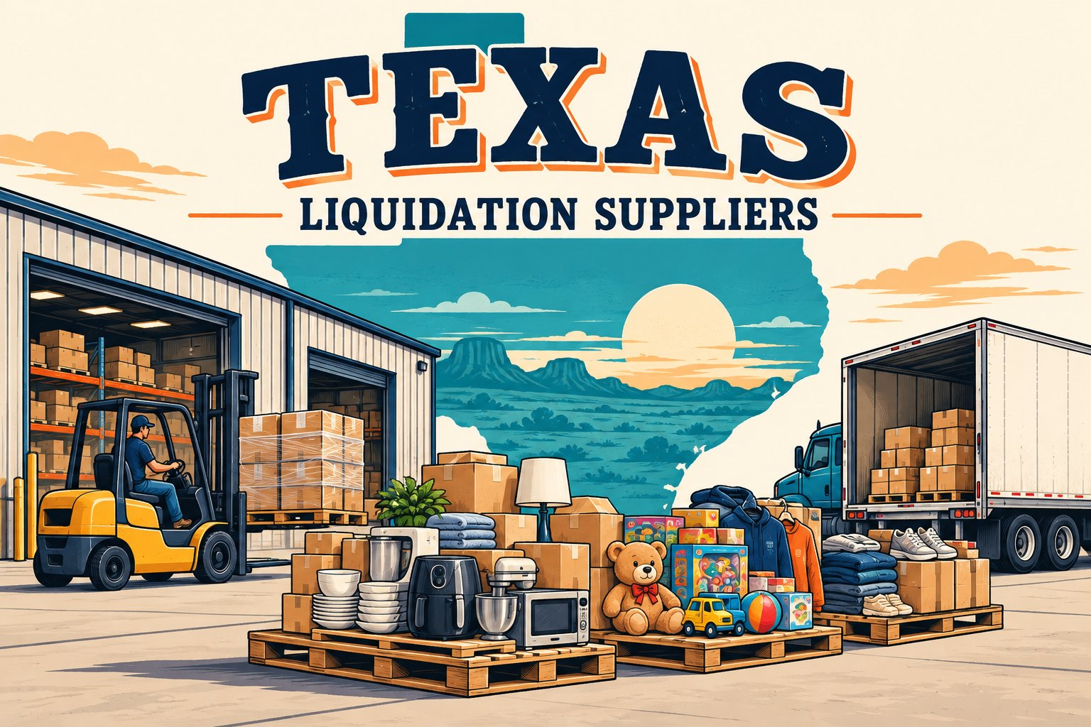 Colored line-art illustration of Texas with merchandise pallets, a forklift, and a warehouse.