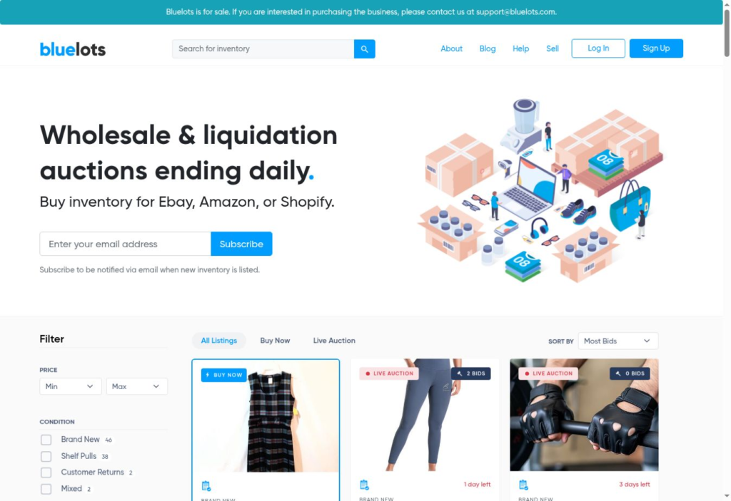 BlueLots homepage displaying a banner announcing the business is for sale on October 3, 2026